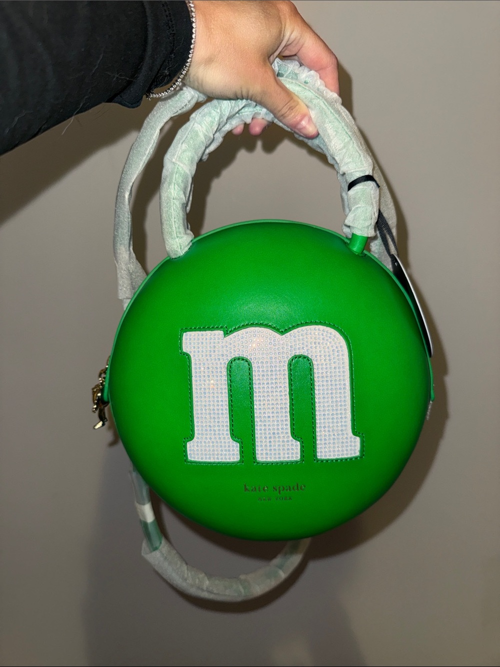 kate spade x M&M’s collab Green Round Crossbody with Rhinestone 'm'